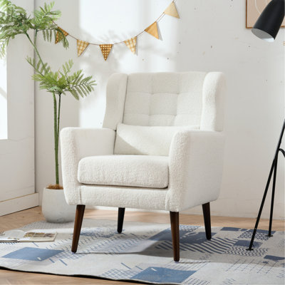 Fauteuil d'appoint ergonomique pour le salon - blanc avec revêtement en tissu doux rembourré de mousse de chambre à coucher Mid-Century