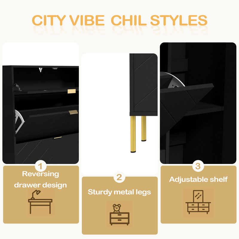 MDF Shoe Storage Cabinet With Flip-Up Drawers And Shelves, Black