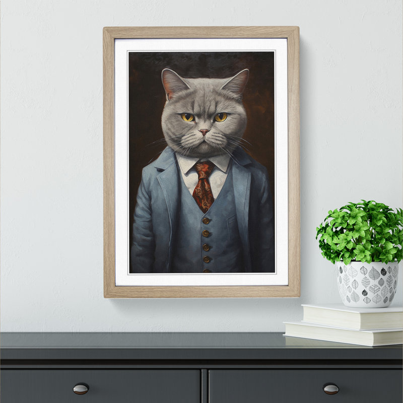 British Shorthair Cat In A Suit No.4 - Single Picture Frame Print on Wood, Oak, 34cm H x 25cm W x 2cm D