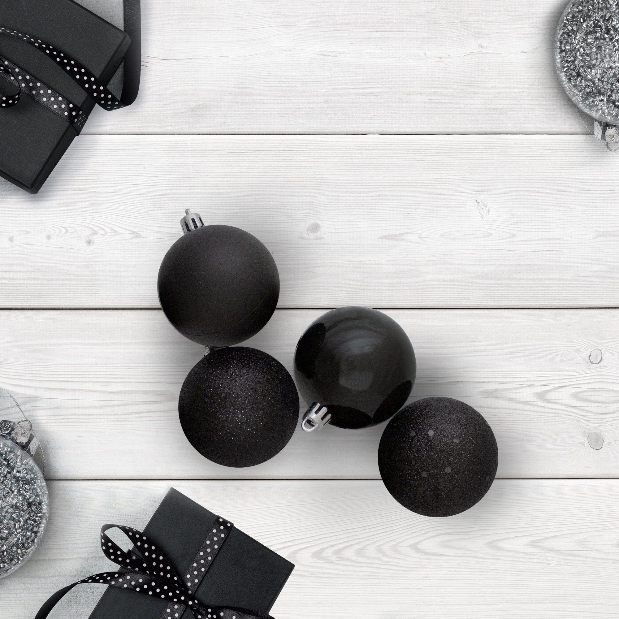 24ct Shatterproof 4-Finish Christmas Ball Ornaments, Jet Black