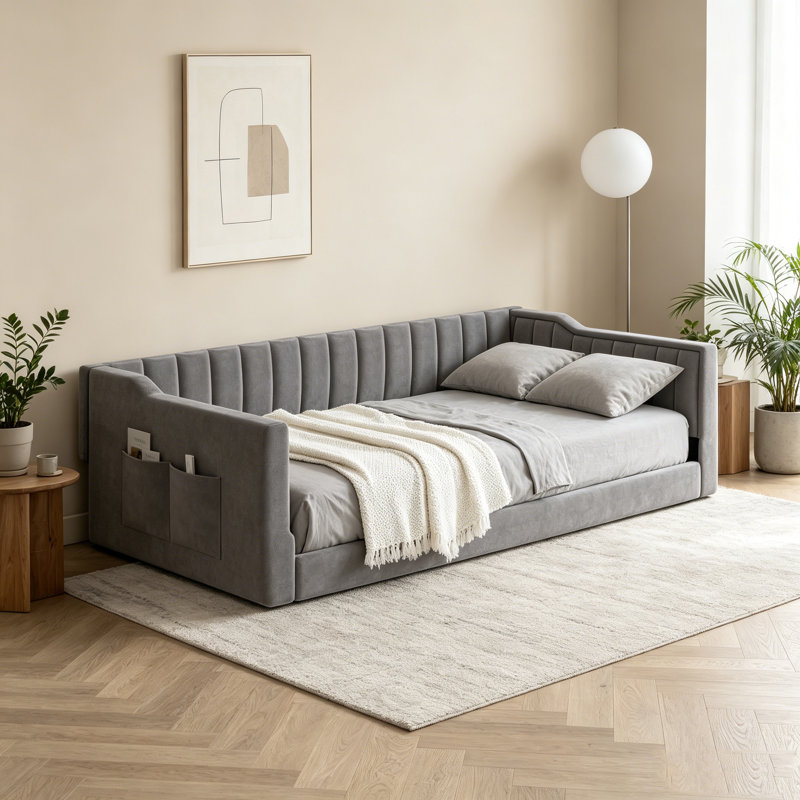 Lit de jour rembourré gris simple TG avec poche de rangement latérale pratique, Grey, Twin XL