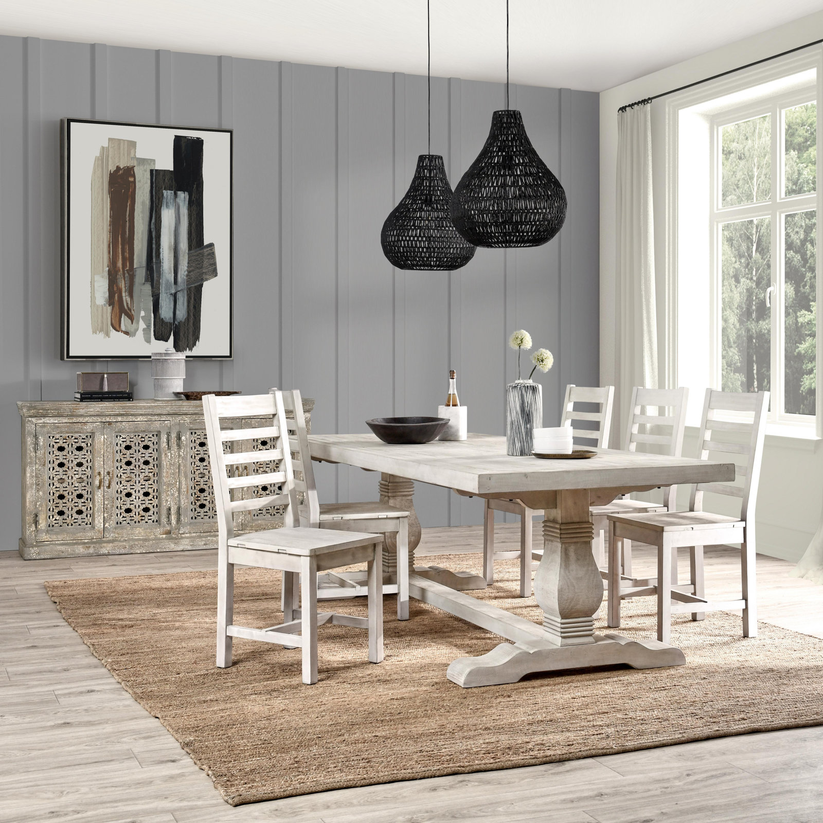 Kinston 95" Pine Dining Table, Distressed Ivory