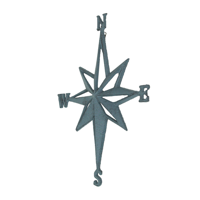 Blue-Grey Cast Iron Nautical Compass Rose Wall Sculpture