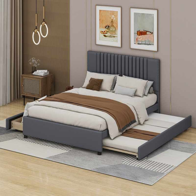 Upholstered Platform Bed with 2 Drawers and 1 Trundle, Classic Headboard Design, Gray, Full/Double