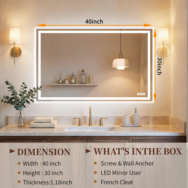 UL Certified Front & Backlit LED Bathroom Vanity Mirror with Lights, Anti-Fog, Dimmable 3-Color Temperature, Memory Function, Tempered Glass Wall Mirror
