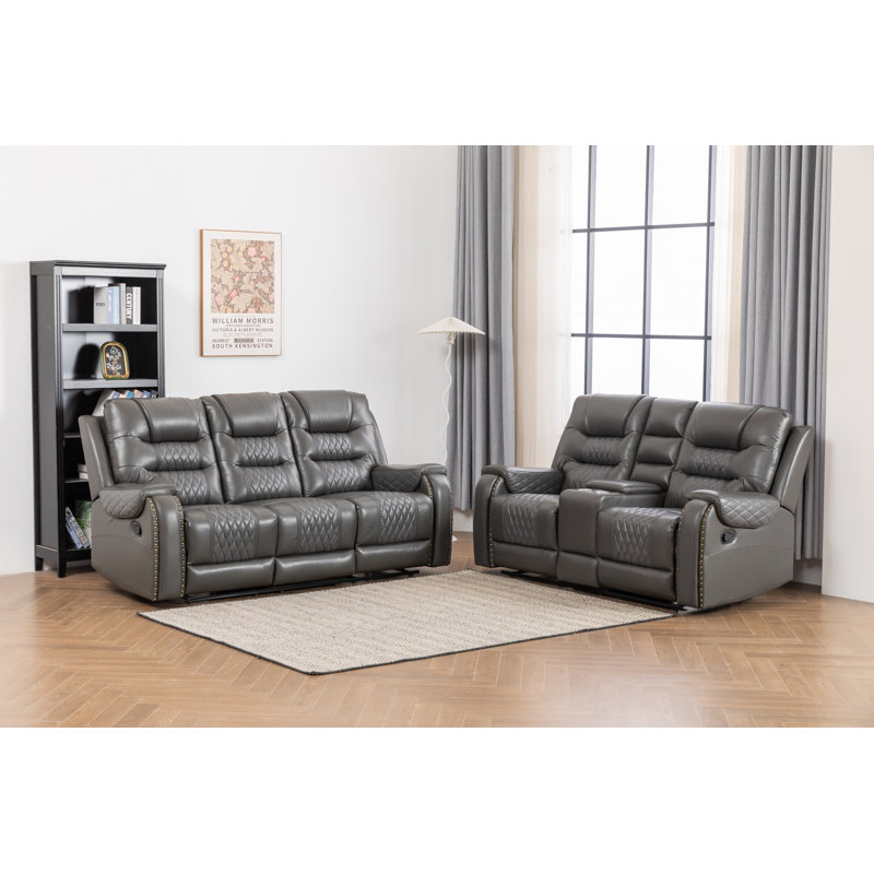 Ilyia Two Tone Vegan Leather 2-PC Livingroom Reclining Set, Gray Faux Leather