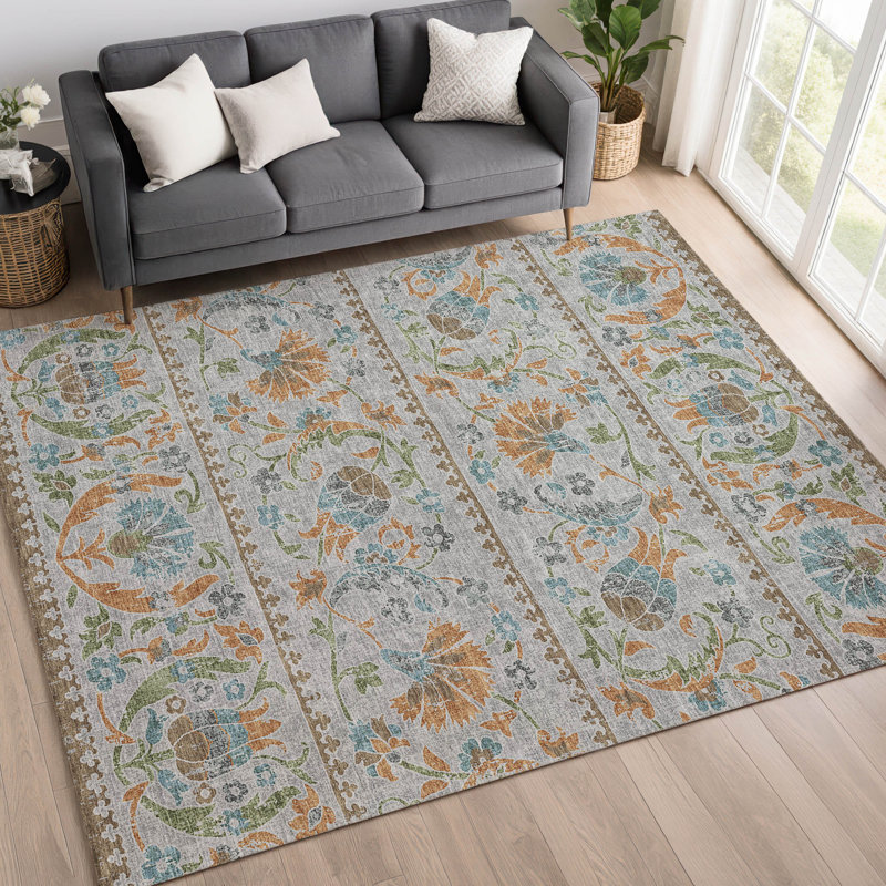 Tapis floral intérieur / extérieur lavable à la machine Chantille ACN2480, Argent argent, 2 pi 6 po x 3 pi 10 po