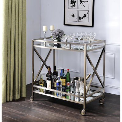 Mirrored Top Serving Cart With Antique Gold Frame And Open Storage Area In Compartment