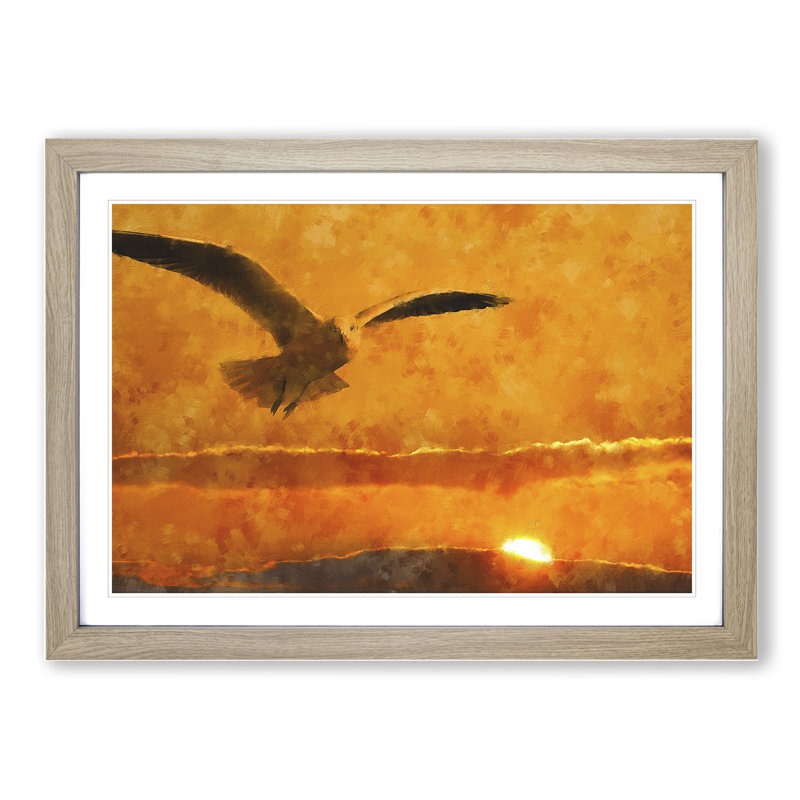 Seagull and Orange Sunset - Picture Frame Graphic Art, Oak Framed, 27cm H x 36cm W x 2cm D