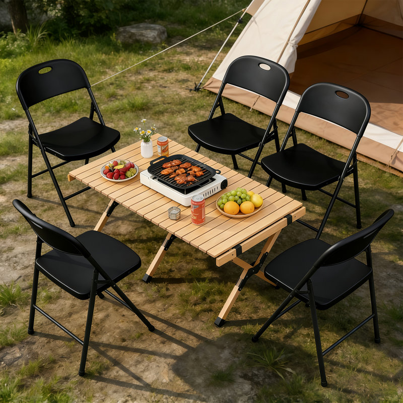HDHNBA Set Of Six Space Saving Folding Dining Chairs Steel Frame Ergonomic Backrest Non Slip Foot Pads, Black