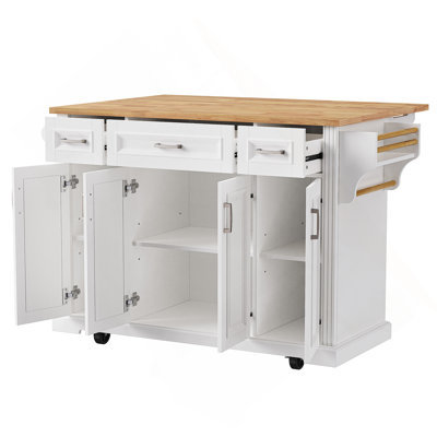 54-Inch Large Kitchen Island With Rubber Wood Drop Leaf, Rolling Storage Cart With 4 Doors, 3 Drawers & Lockable Wheels