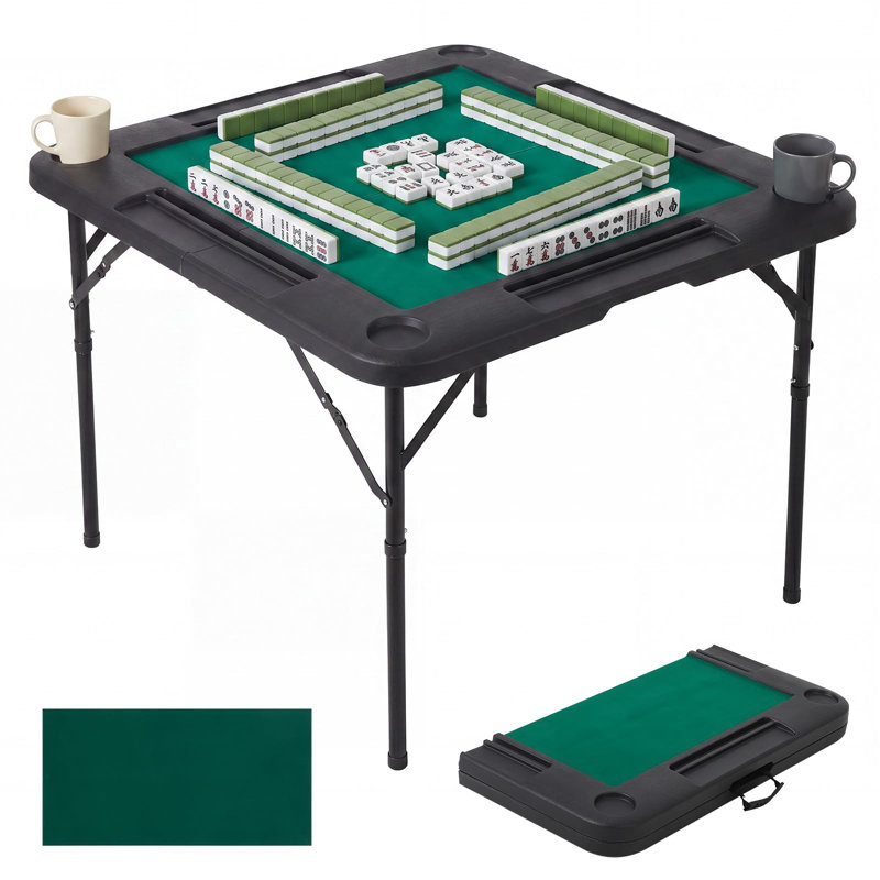 Table de jeu de mah-jong et de cartes pliante de 86 cm (34 po), plateau carré en PEHD avec feutre, 4 porte-gobelets, table de jeu portable, panneau noir HM-F86, nappe incluse