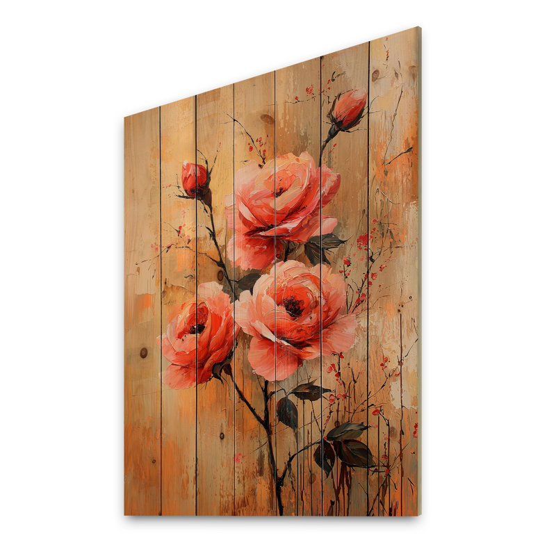 Velours géométrique Rose Love Passion II - Roses, art mural en bois - sur bois de pin naturel, H 20 po x l 10 po x P 0,78 po