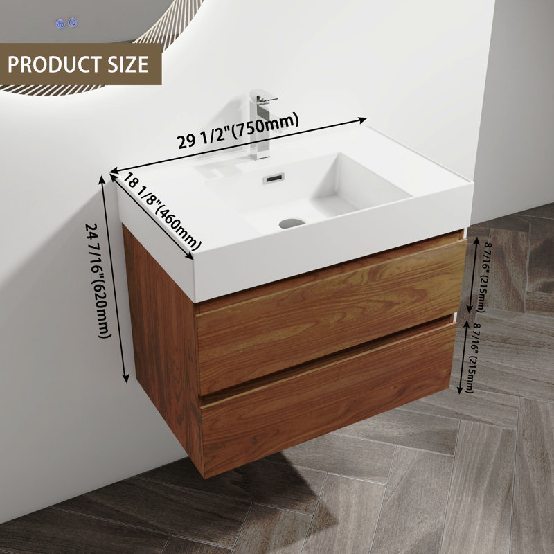 Meuble-lavabo mural 30 po avec lavabo en résine, 2 tiroirs à fermeture en douceur, ensemble KD, Brown Oak, 30"