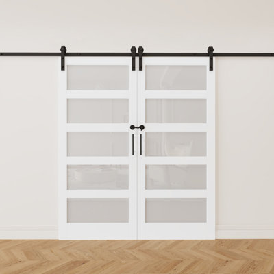 80"H x 48"W 5-Lite Tempered Frosted Glass Black Primed Sliding Double Barn Doors Installation Hardware Kit No Assemble Required