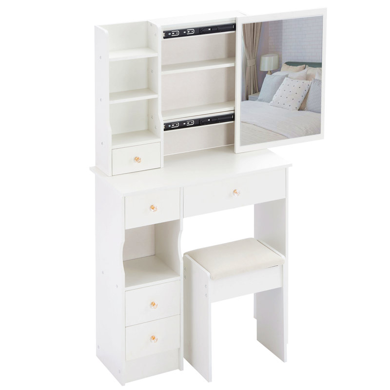 29.2" Small Space Left Drawer Desktop Vanity Table + Cushioned Stool, Extra Large Right Sliding Mirror, Multi Layer High Capacity Storage, Practical Fashionable Dresser, Suitable For Small Space