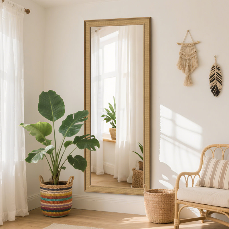 Rexford  Natural Wood Rattan Mirror Farmhouse Wall Decoration, 67" x 27"