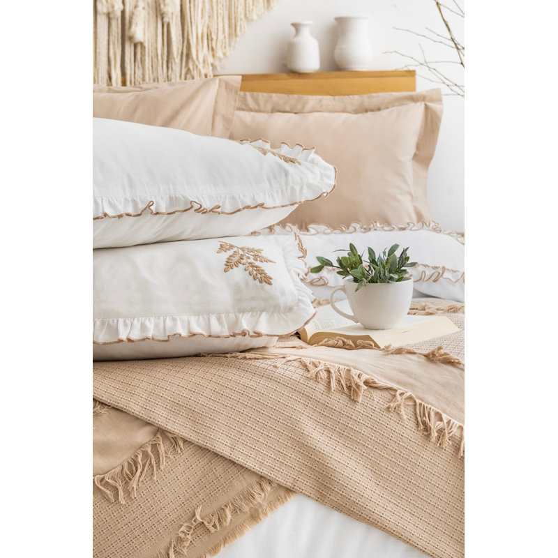 Beige Double Bedspread Set, 100% Cotton Jacquard, Includes Bed Cover (94 x 102), Quilt Cover (79 x 87), Flat Sheet (94 x 102), 2 Pillowcases (20 x 28) & 2 Oxford Pillowcases (20 x 28 + 2) | Machine Washable, Luxurious Feel