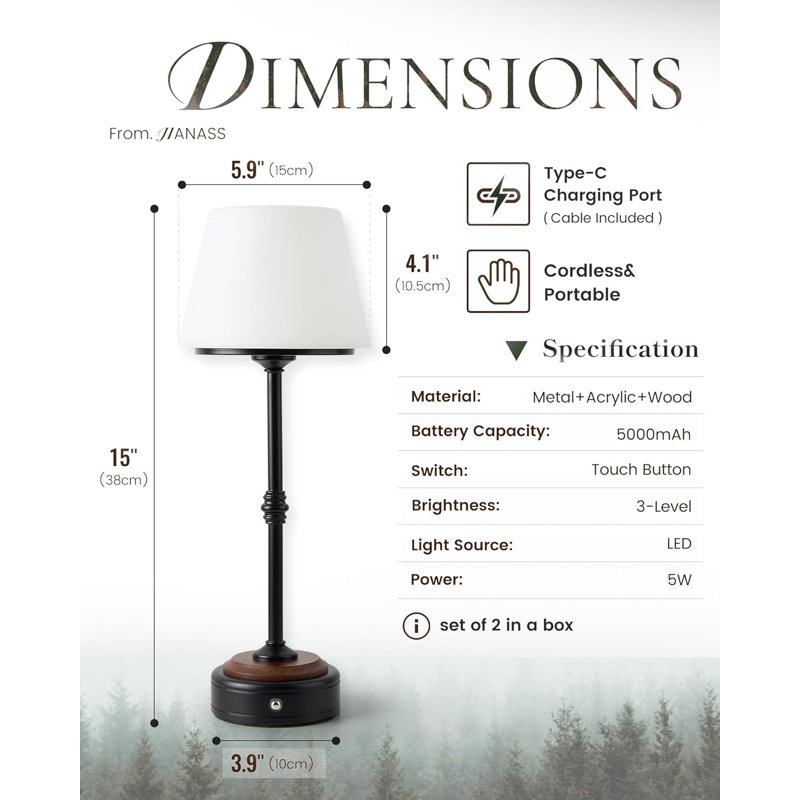 Cordless Dimmable LED Table Lamps With Rechargeable Battery - Set Of 2, Wood Base, 3 Brightness Levels