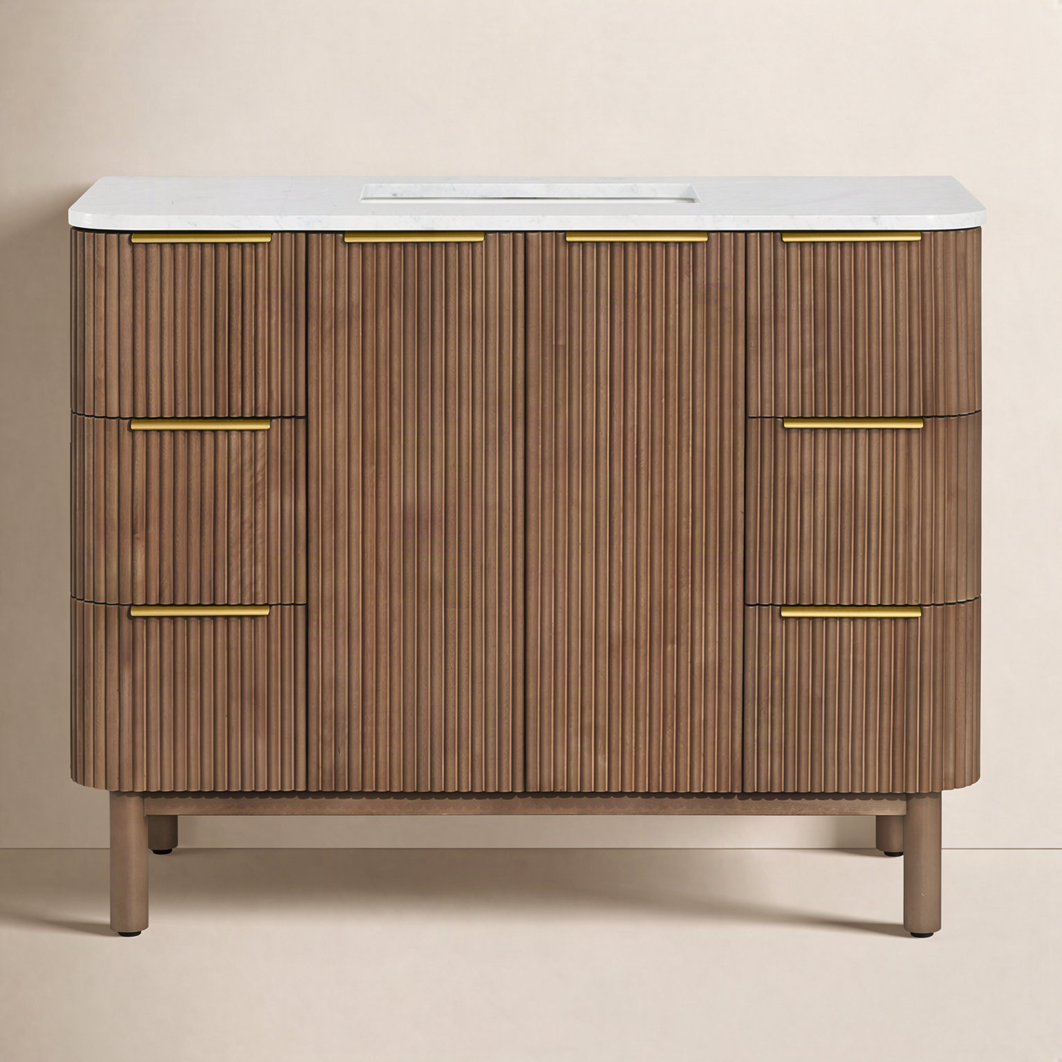 Nova 42" Carrara Marble Single Bathroom Vanity, Brown Reeded Birch