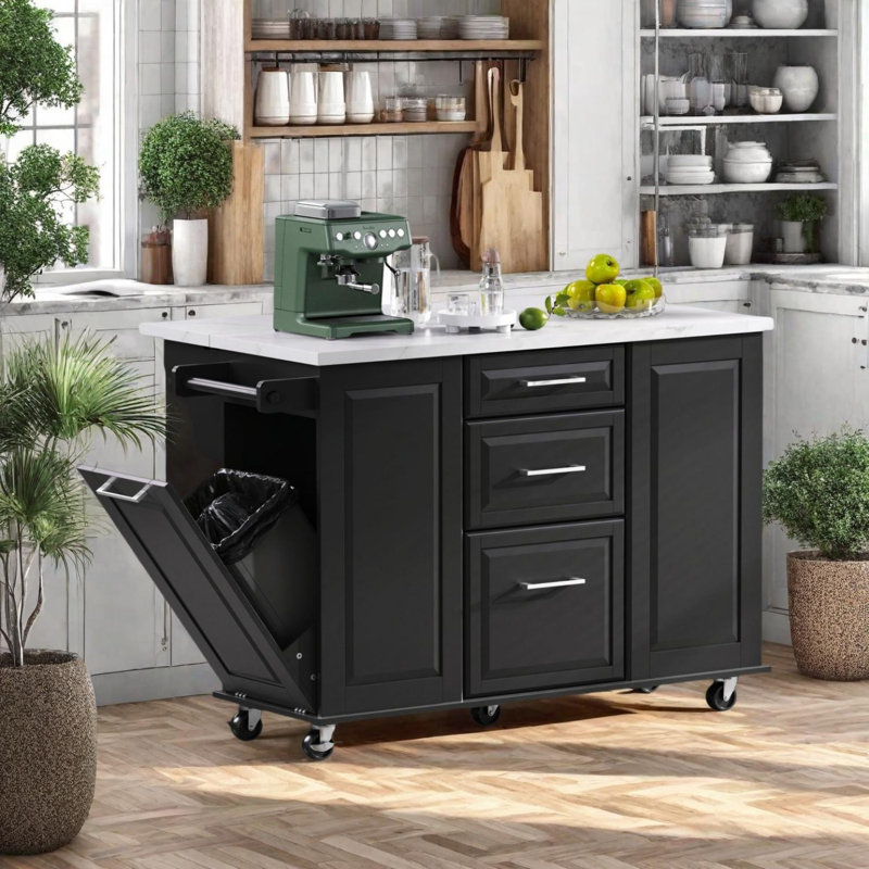 50.7" Kitchen Island with Storage and Tilt Trash Can Cabinet, Black