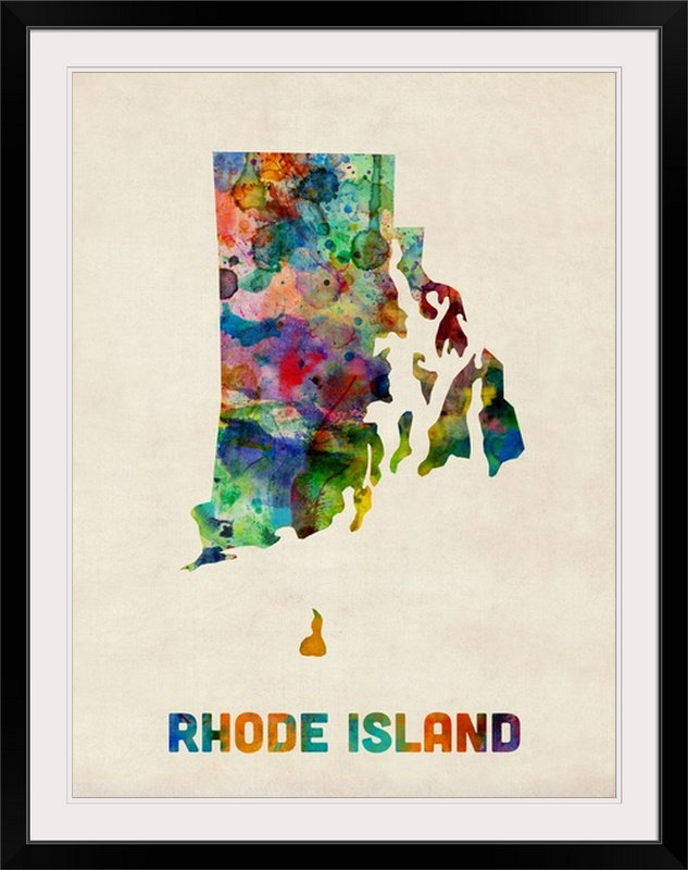 Francy «Rhode Island Watercolor Map» par Abarca, impression, Cadre noir, H 24 po x l 20 po x P 1 po