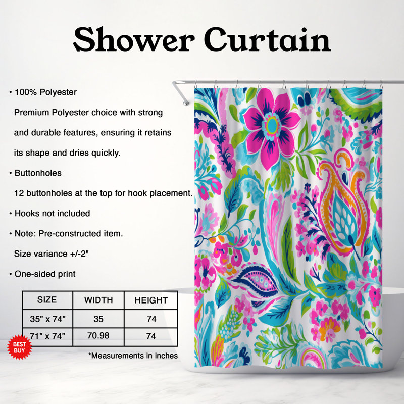 Rideau de douche standard 1 pièce Bold Paisley Designs, 74" H x 35" W, Abstract