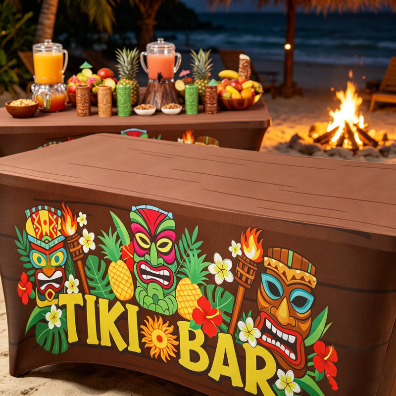 Housse de table en élasthanne extensible et lavable 2 pièces, nappe à imprimé tiki élastique, décor tropical Hawaii Luau Aloha pour fêtes d'été au bord de la piscine