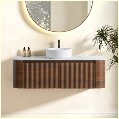 Ensemble de meuble-lavabo mural 48 po en noyer avec lavabo, ensemble de meuble-lavabo mural en noyer blanc, pré-assemblé, pour salle de bain 48 po