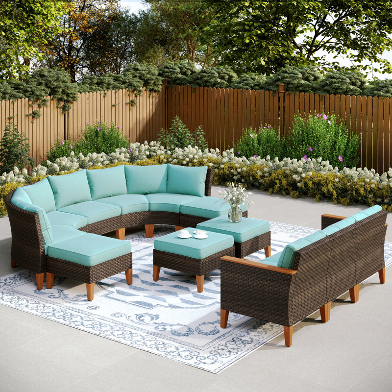 Argyri 10 Piece Wicker Outdoor Patio Conversation Furniture Sectional Set with Cushions, Blue