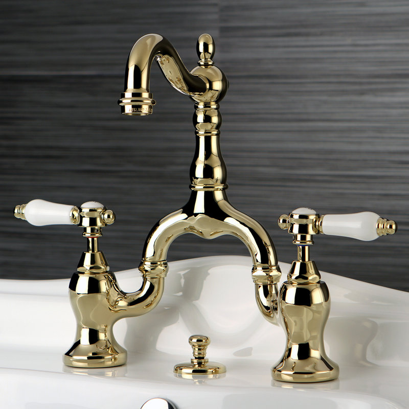 Kingston Brass Bel-Air Two-Handle 3-Hole Deck Mount Bridge Bathroom Faucet with Brass Pop-Up, Polished Brass