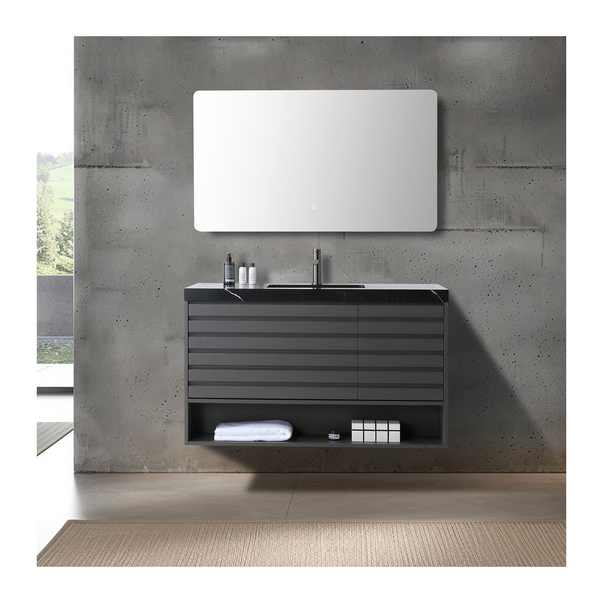 MATERA 48'' Natural Oak Veneer Plywood Bathroom Vanity with Engineered Stone Top, Black, Charcoal