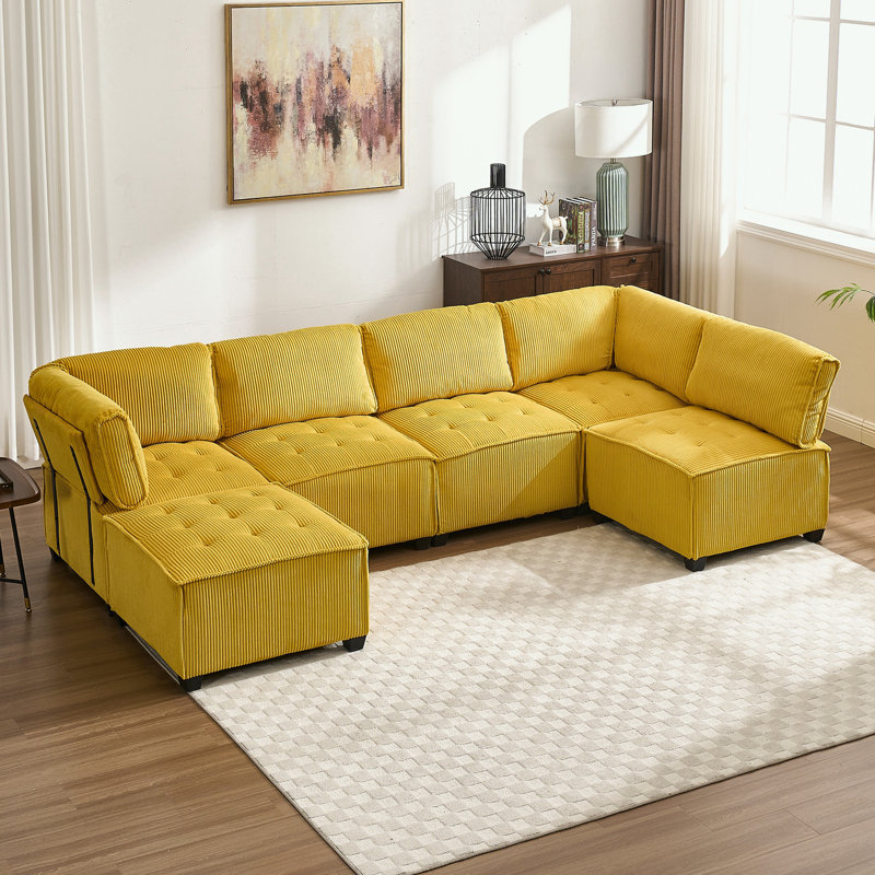 Canapé modulaire en U avec repose-pieds réversible, Velours côtelé jaune