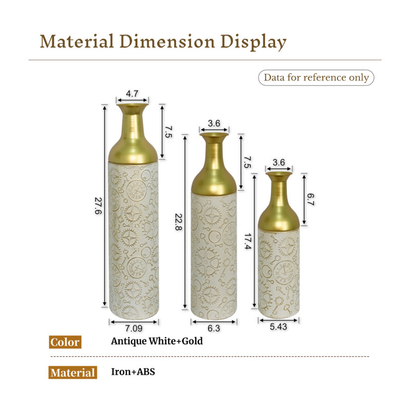 Ensemble de 3 vases gigognes en métal, vases décoratifs blanc antique et or pour salon et entrée