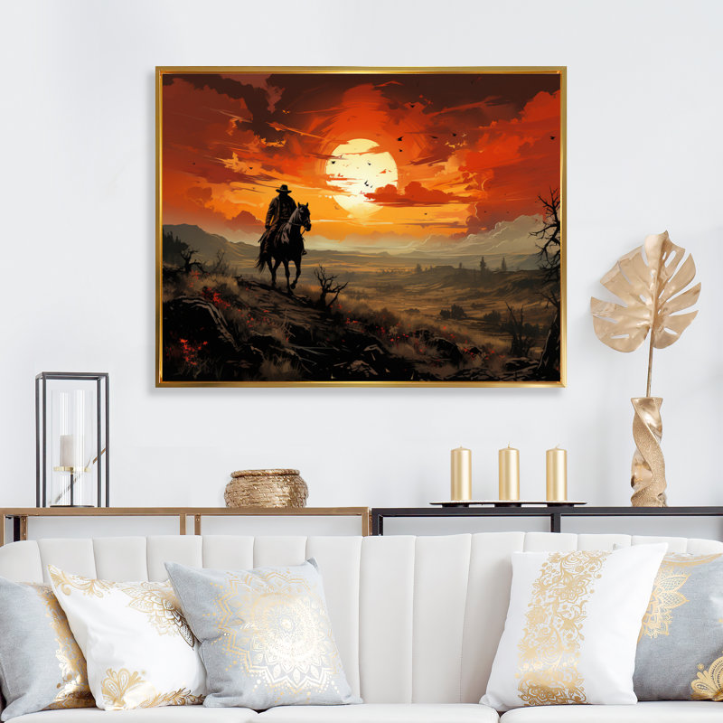 «Cowboy Riding Into The I», reproduction d'art sur toile, H 12 po x l 20 po, Encadrement doré