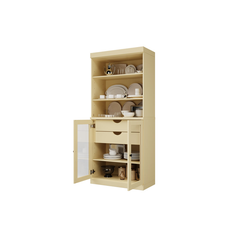 Garde-manger 100% bois massif Kaniesha 32 po avec portes en verre transparent, 2 tiroirs et tablettes réglables, Jaune