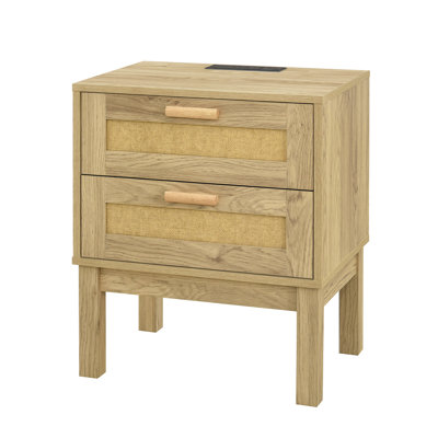 2 Drawer Nightstand With Rattan Accents,built-in 2 Power Outlets, 1 Usb Port, And 1 Type C Port