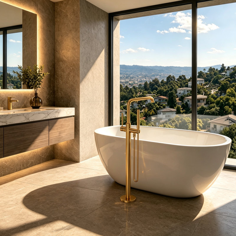 Single Handle Freestanding Tub Filler with Diverter, Brushed Gold
