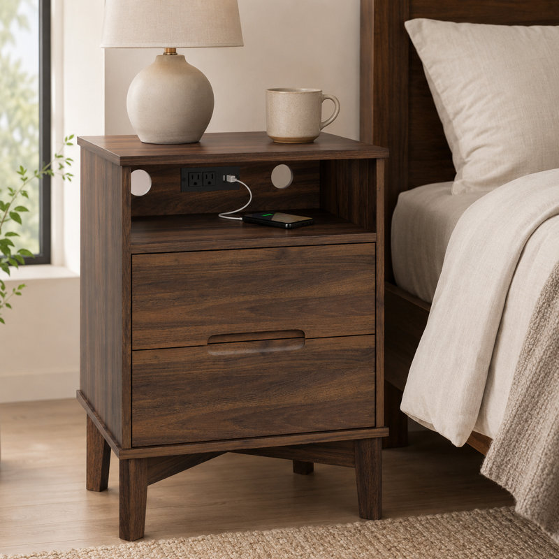  Mid-Century Modern Nightstand with Open Shelf and Charging Station, Dark Walnut