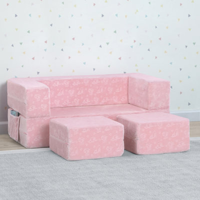Serta Perfect Sleeper Convertible Sofa and Play Set – Modular Foam Couch and Flip Out Lounger with 2 Ottomans, Pink