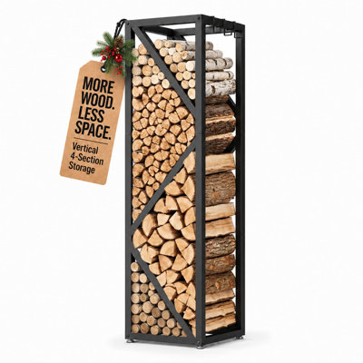 Range-bûches de 120 cm (47 po) pour intérieur et extérieur avec crochets – Support à bûches robuste à 4 niveaux, étagères de rangement en métal et cadre fermé pour foyer
