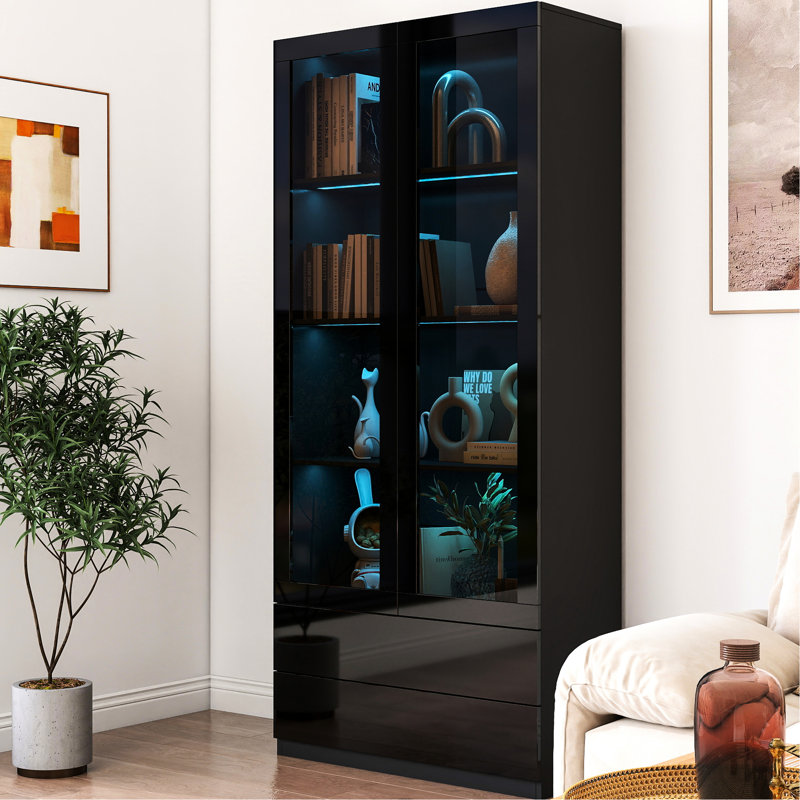 Bibliothèque noire avec lumières à DEL, 4 tablettes, 2 tiroirs et portes en verre pour le rangement d'étude - portes éclairées, étagère de chambre à coucher