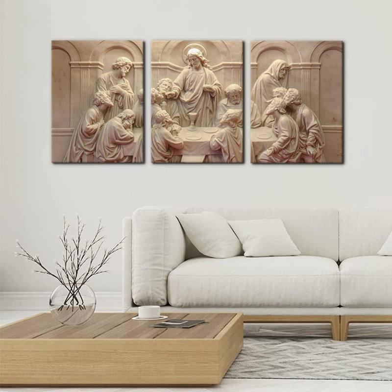 3 Pieces Canvas Wall Art Picture The Last Supper Sculpture Style Paintings On Canvas 12 Apostles Modern Artwork For Home Decor Framed Gallery-Wrapped Stretched Ready To Hang - 3 Panels