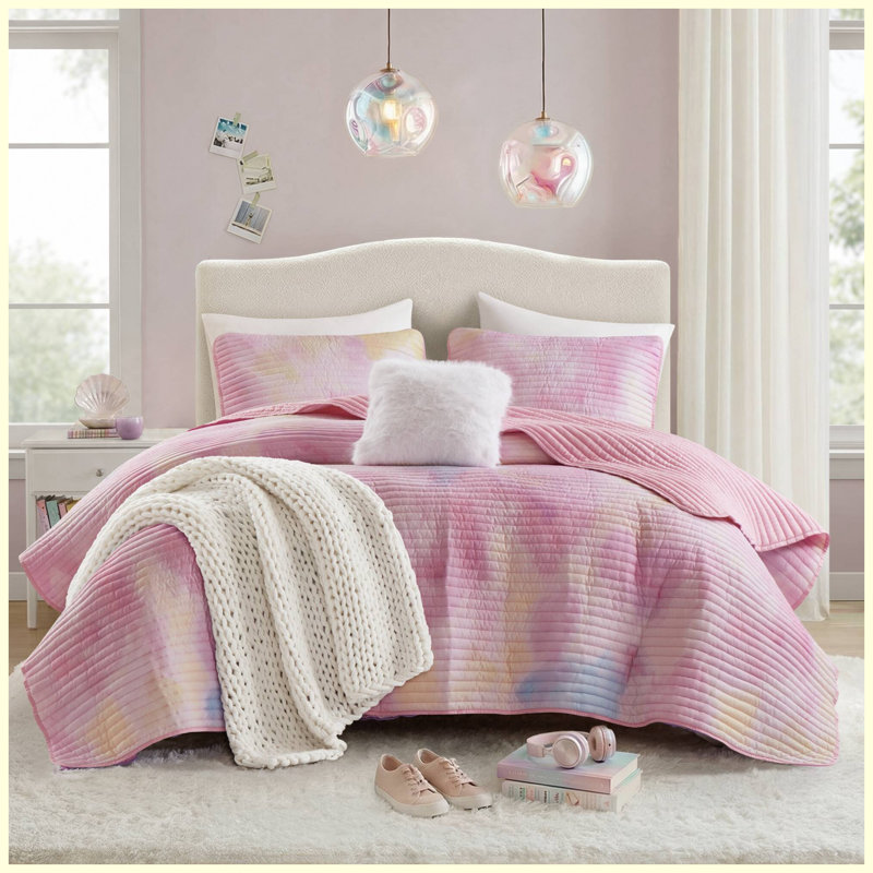 Ensemble de courtepointe 4 pièces pour grand lit / grand motif aquarelle Tie Dye avec coussin décoratif - rose, Rose