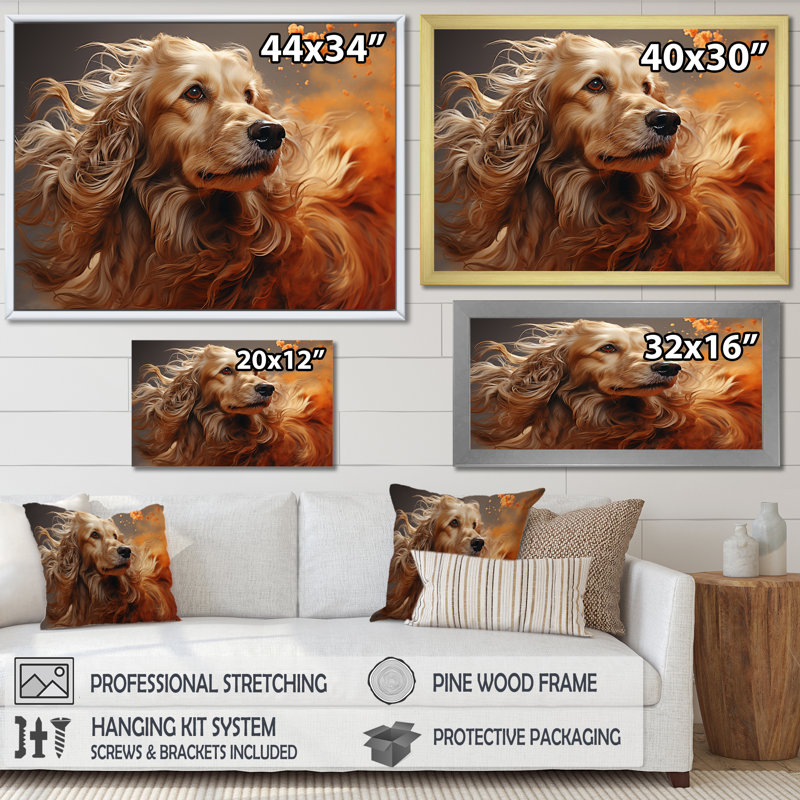 Chien, chien afghan, air sur toile, Cadre doré simple, H 24 po x l 32 po x P 1 po
