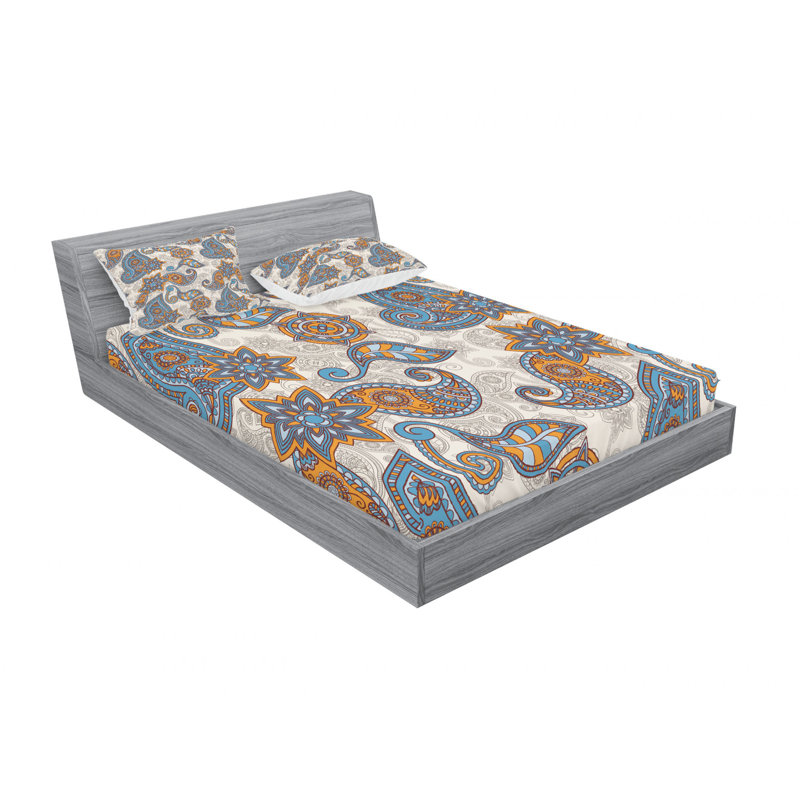 Microfiber Paisley Sheet Set, Full/Double Sheet Set with Fitted Sheet, Oriental Spring Flowers Paisley