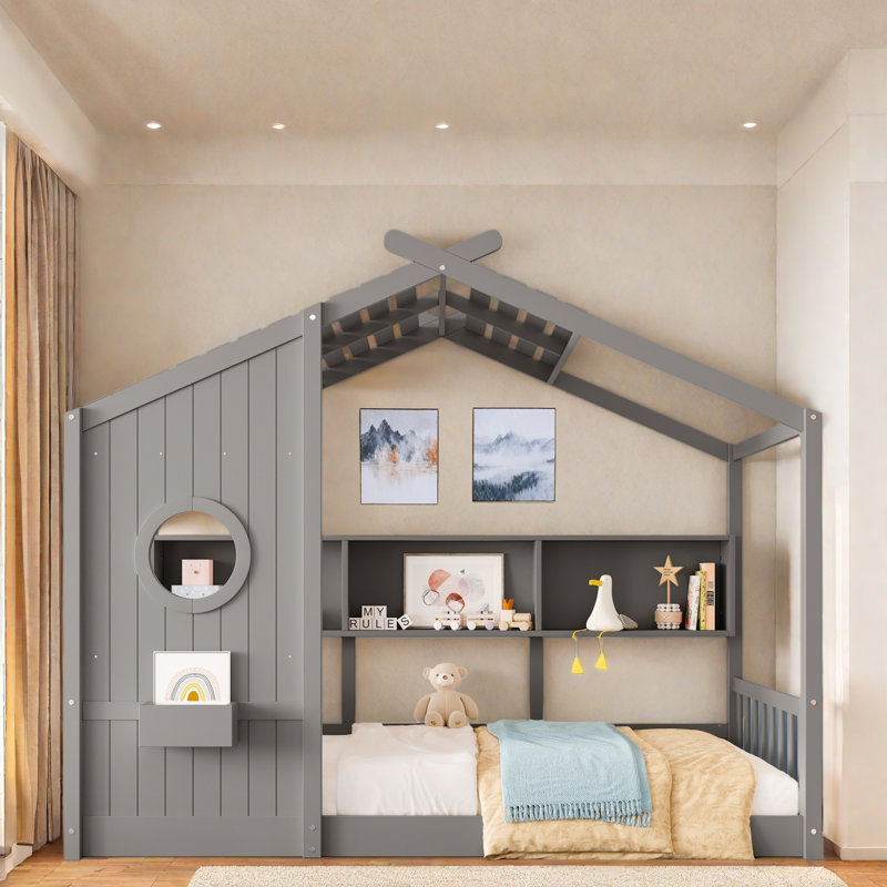 Lit sur pied avec tablettes de rangement, Lit simple, Gris