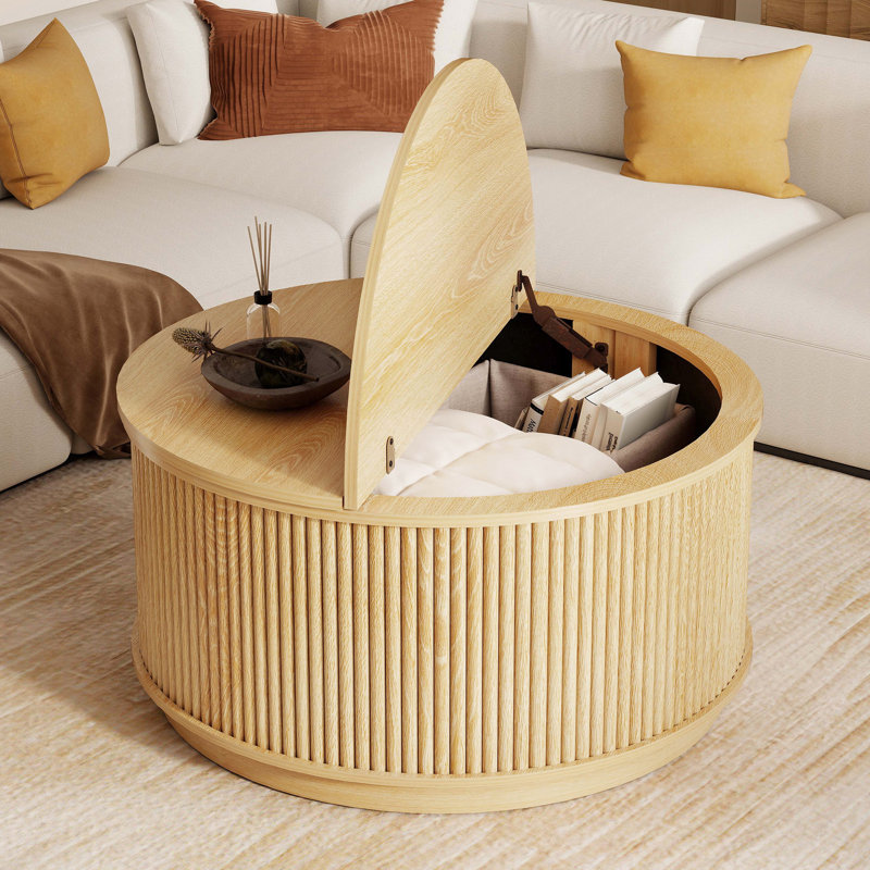 Table basse ronde avec rangement, table centrale en bois pour le salon, Natural