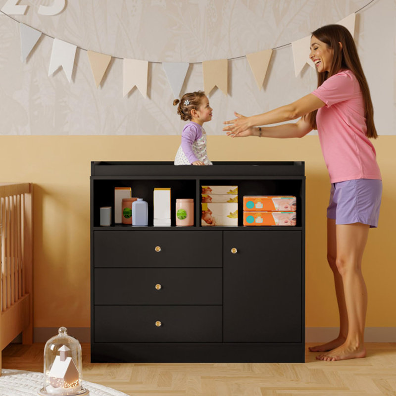 Nursery Dresser with Detachable Changing Top, Wooden Diaper Station with Shelves & Cabinet, Black