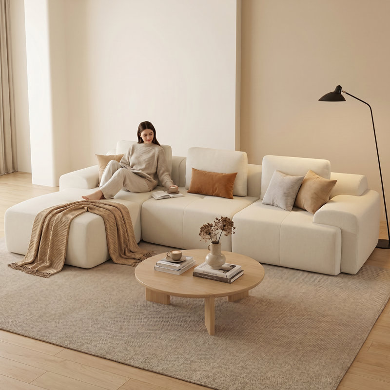 122" Wide Sectional Compression Sofa With Modular Seating Plush Cushions & Ottoman, Cream Polyester